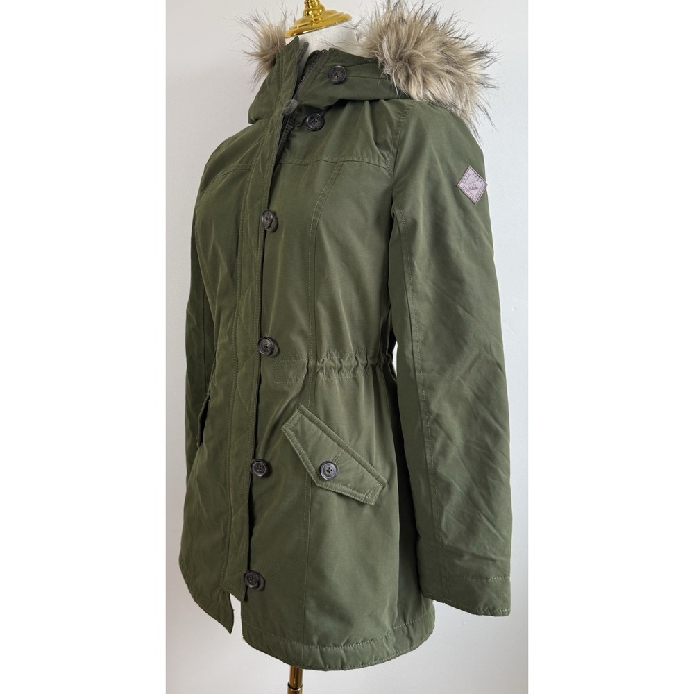 Hollister Heritage Green Parka Jacket Size S Small Cozy Faux Fur Hooded Coat